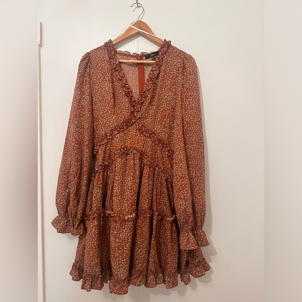 Lulu's Boho Orange Ruffled Tiered Sundress with Bishop Sleeves